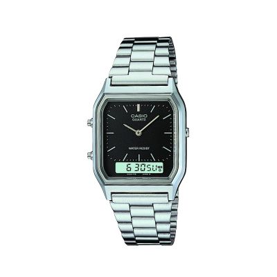 Unisex Casio 'Classic' Silver and Black Stainless Steel Quartz Chronograph Watch