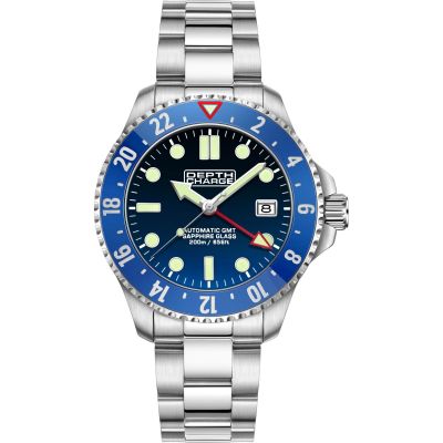 Mens Depth Charge 'Dive GMT' Silver and Blue Stainless Steel Automatic Watch